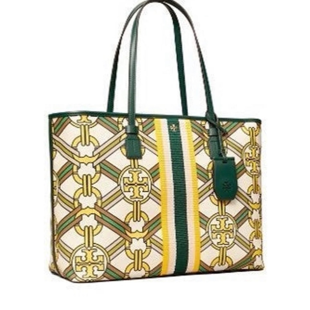 NWT: Tory Burch Lg Tote ~ Gemini Link Yellow & Green w/Dust Bag